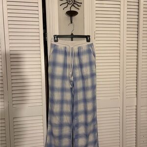 Blue and White Plaid Wide Leg Pants